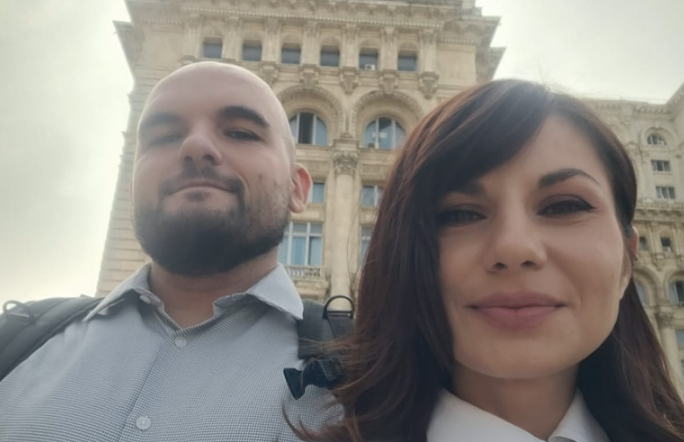 Radu and Marina at the Palace of Parliament in Bucharest, Romania